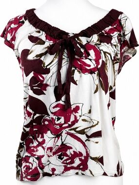 ANTHROPOLOGIE Left Of Center Flutter Sleeve V-Neck Floral Top with Tie Detail, M